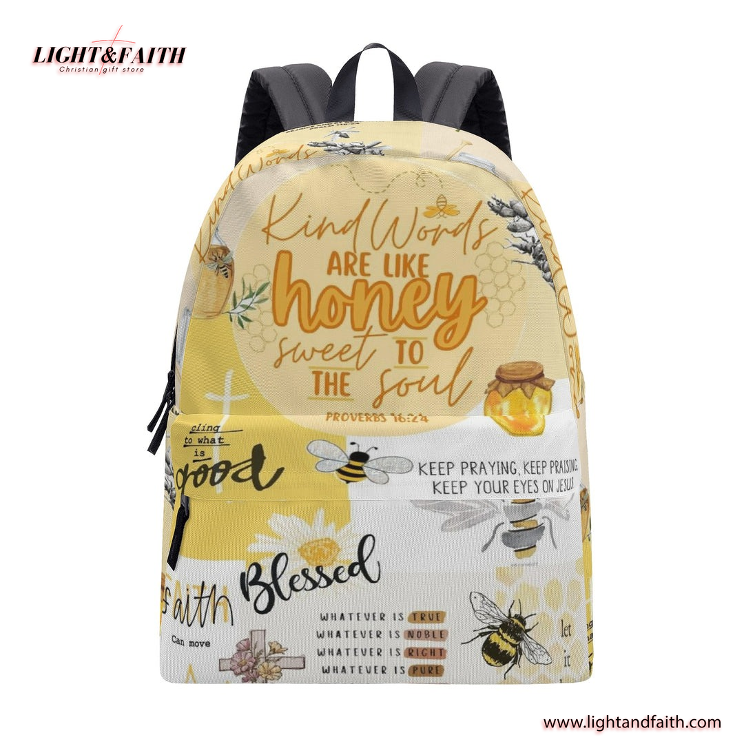 Honey Sweet to the Soul Backpack, Christian Bee Backpack, Proverbs 16:24 Bible Verse Bag, Faith Inspirational Backpack.PLAF23